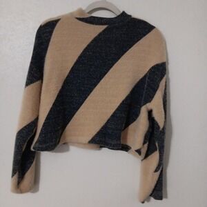 Maeve Black and Tan Striped Cropped Crewneck Sweater